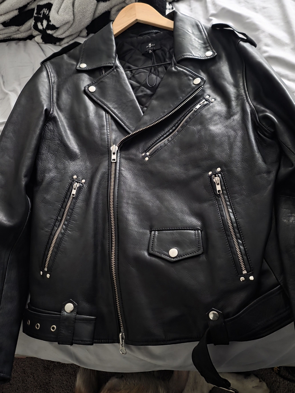 7 For All Mankind Black Leather Moto Bomber Jacket